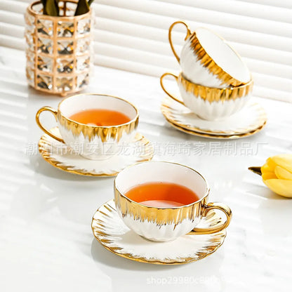 DecorBites™ Golden Ceramic Tea Cup Set, Elegant English Afternoon Tea, High Aesthetic Value