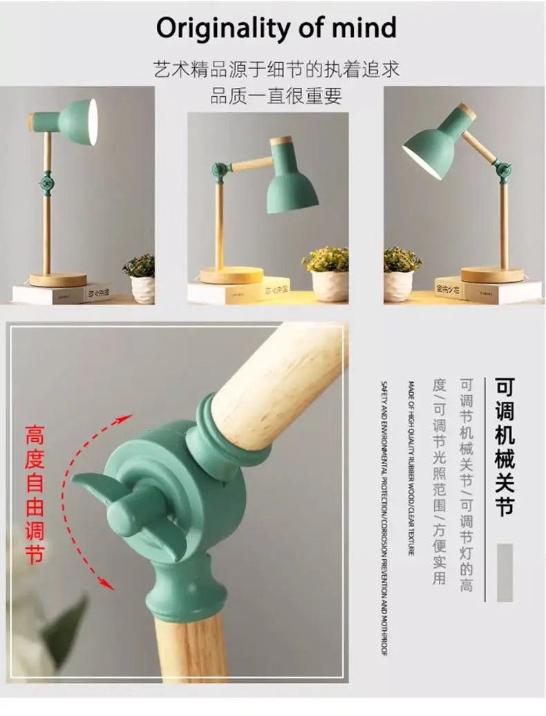 DecorBites™ Creative Nordic Table Lamp Wooden Art LED Turn Head Simple Bedside Desk Light/Eye Protection