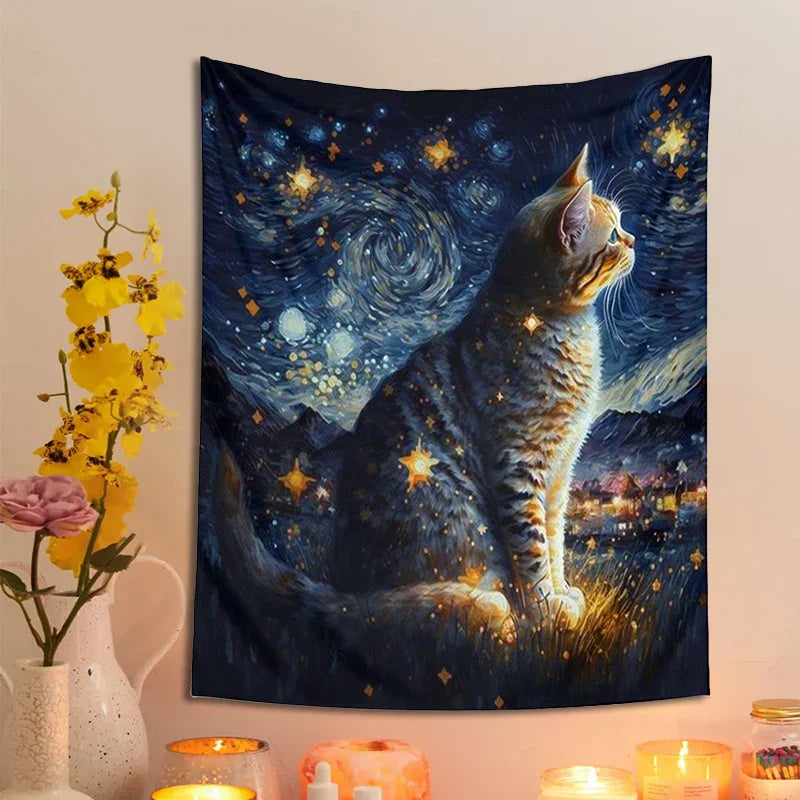 Decobites Starry Night Cat Tapestry: Moon Art Oil Painting Wall Hanging for Boho Home Decor