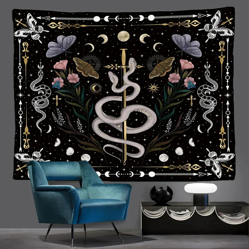 Decobites Snake Moon Phase Stars Butterfly Night Psychedelic Mystery Tapestry