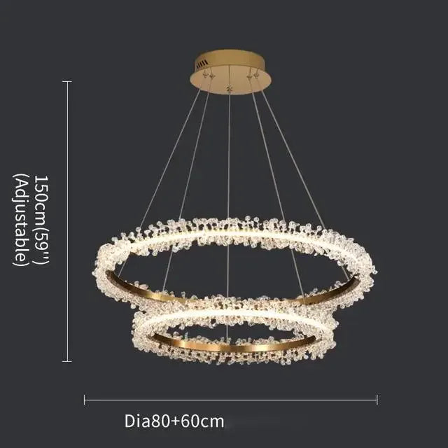 Lámpara de araña LED DecorBites™ con anillo de cristal dorado para decoración del hogar. Ideal para sala de estar, comedor y dormitorio de lujo.
