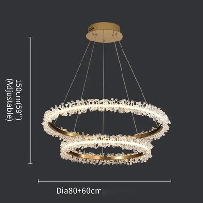 Lámpara de araña LED DecorBites™ con anillo de cristal dorado para decoración del hogar. Ideal para sala de estar, comedor y dormitorio de lujo.
