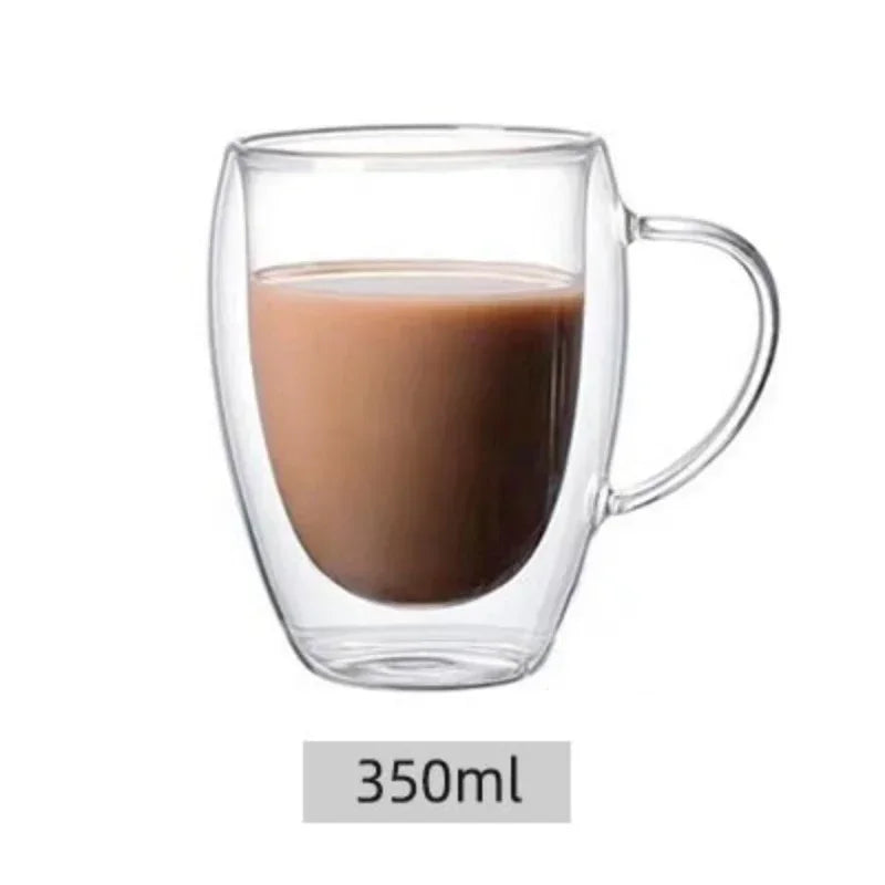 DecorBites™ Double Wall High Borosilicate Glass Mug with Handle, Heat Resistant Coffee Cup