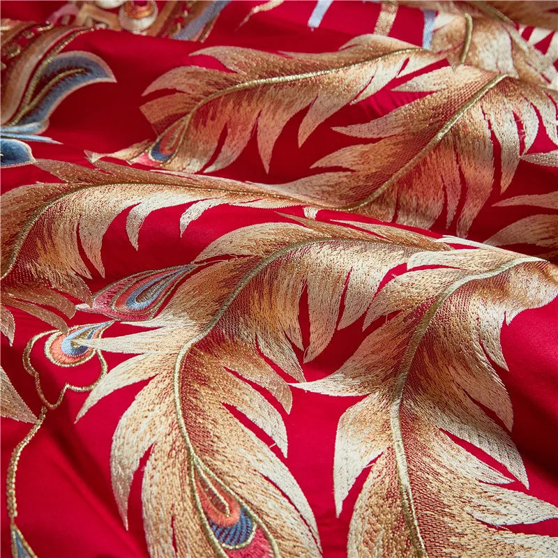 Decobites Red Chinese Wedding Luxury Bedding Set with Dragon Phoenix Embroidery