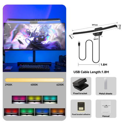 DecorBites™ LED Monitor Bar Light for Dimming PC Screen, Stepless RGB Desk Lamp