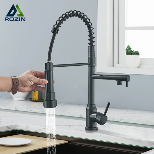DecorBites™ Black Kitchen Faucet Spring Pull Down Sprayer Dual Spout Nozzle Mixer Tap
