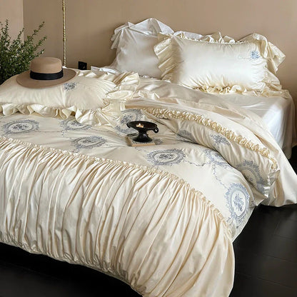 Decobites Rustic Rose Embroidery Bedding Set with Pleated Ruffles in Egyptian Cotton