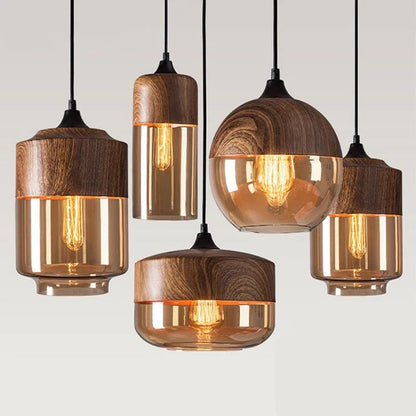 Nordic Glass Pendant Lights Fixtures Modern LED Wood Chandelier For Living Dinning Room Light Bedroom Wood Color Hanging Lamp