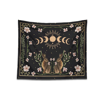 Decobites Moon Phase Rabbit Tarot Cloth Celestial Botanical Wall Hanging