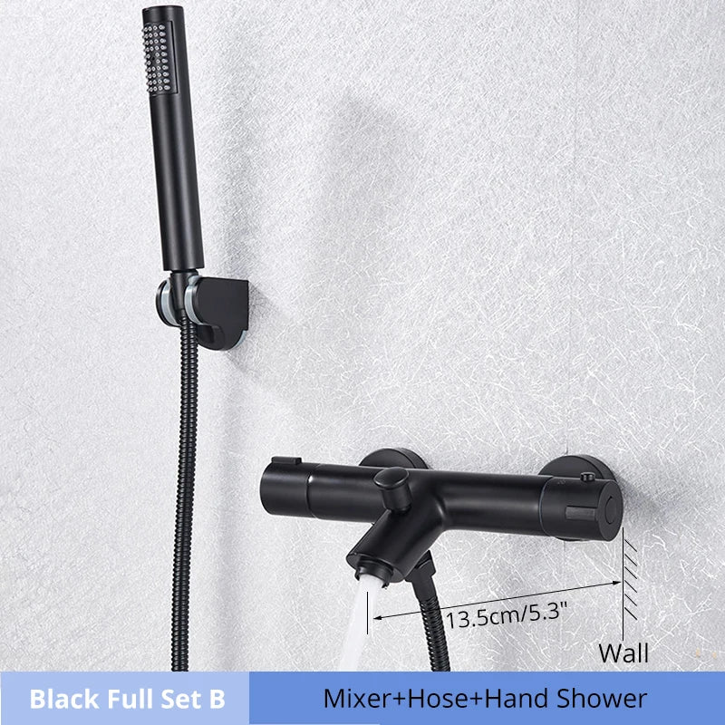 طقم دش ترموستاتي DecorBites™ أسود/كروم مع خلاط مثبت على الحائط من النحاس مع بخاخ