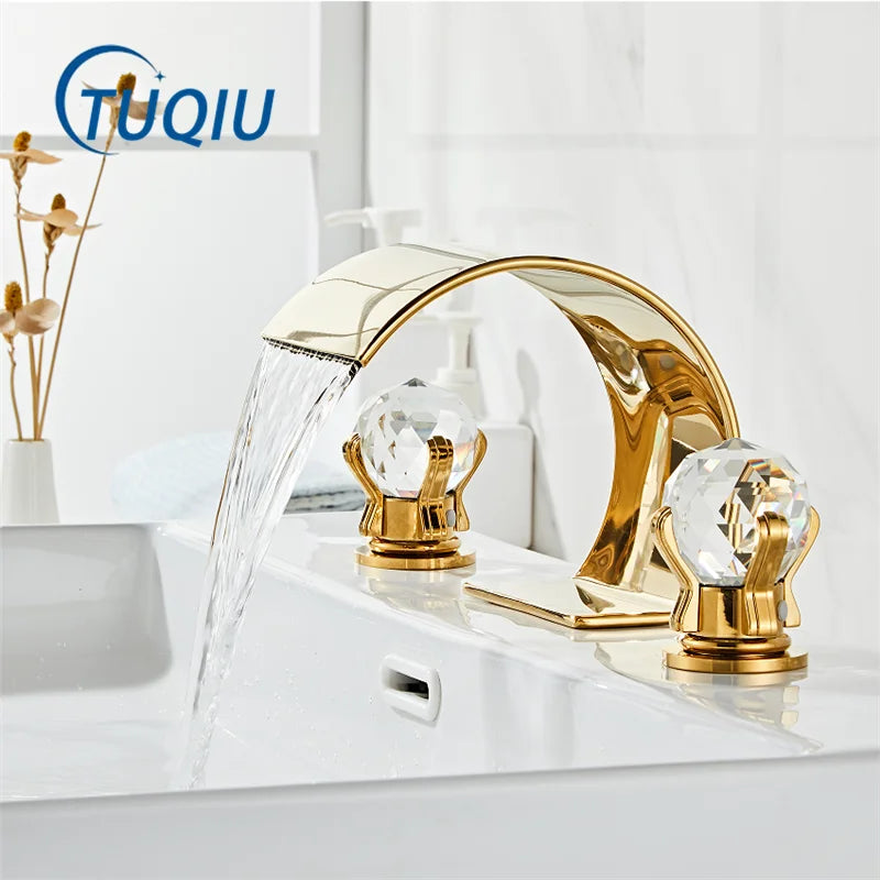 DecorBites™ Gold Crystal Handle Bathroom Faucet - Widespread Brass Sink Tap