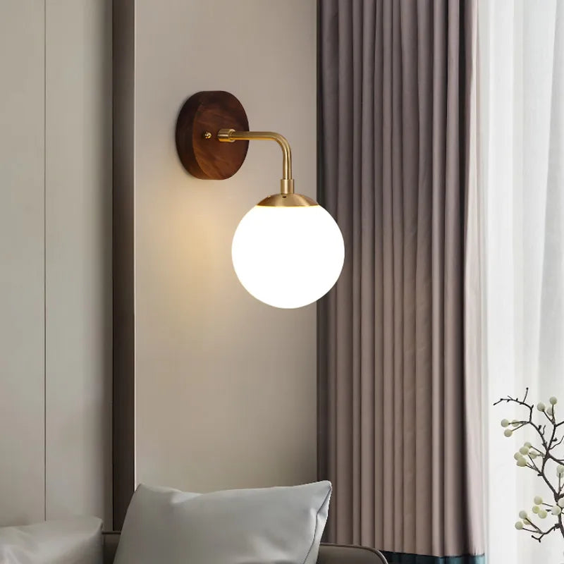 DecorBites™ Glass Wall Light Fixture Walnut Wood Modern Nordic Pull Chain Switch Lamparas