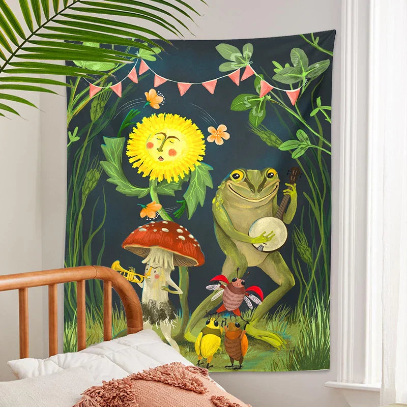 Frog Mushroom Tapestry Wall Hanging by Decobites: Psychedelic Forest Animals Gathering Art Home Decor