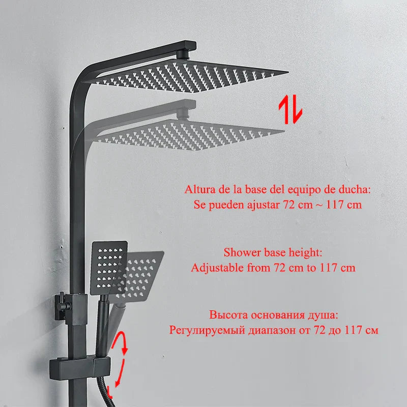 Juego de grifería para ducha DecorBites™ de latón negro con caño giratorio para bañera y columna de ducha tipo lluvia