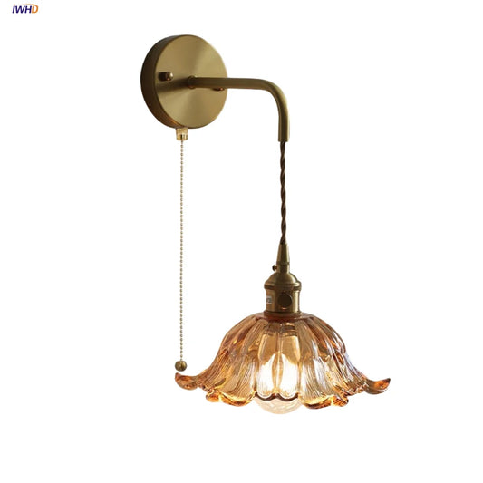 DecorBites™ Amber Glass LED Wall Sconce, Brass Finish, Adjustable Wire, Modern Nordic Style