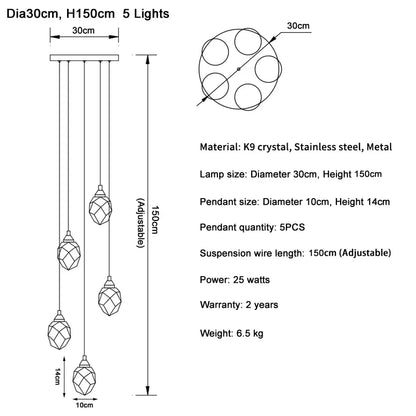 DecorBites™ Diamond Crystal Ball Chandelier LED Hanging Lamp Gold Fixture