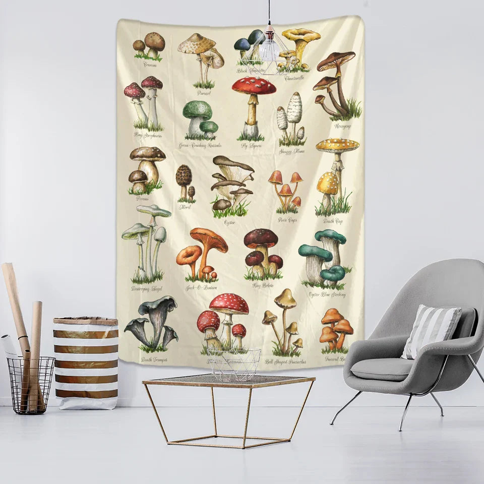 Mushroom Oil Painting Tapestry Wall Hanging by Decobites - Boho Tropical Plants Art