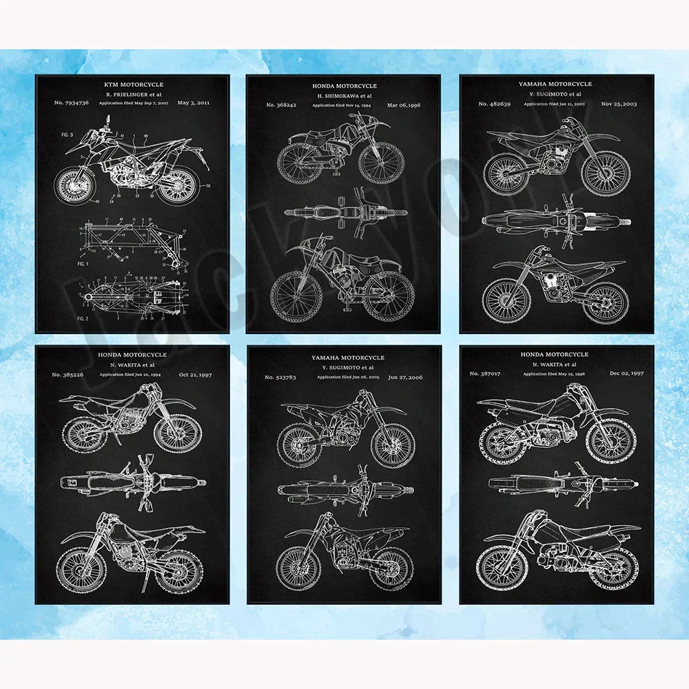 DecorBites™ Dirt Bike Patent Blueprint Poster Canvas Wall Art