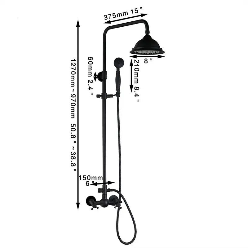 DecorBites™ 8 Inch Matte Black Shower Faucet Set with Hand Spray and Rainfall Head