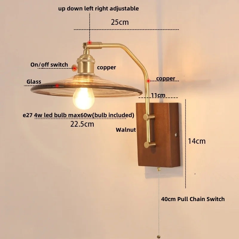 DecorBites™ Copper Glass LED Wall Sconce Pull Chain Switch Stair Light
