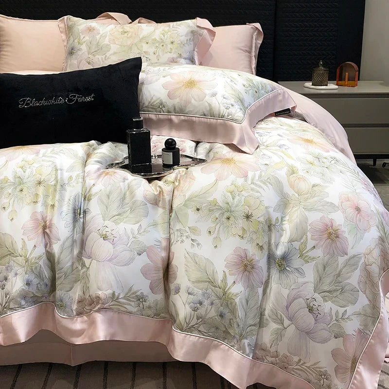 Decobites Rose Flowers Bamboo Fiber Bedding Set: Soft & Silky, 1 Duvet Cover, 2 Pillowcases, 1 Flat Sheet