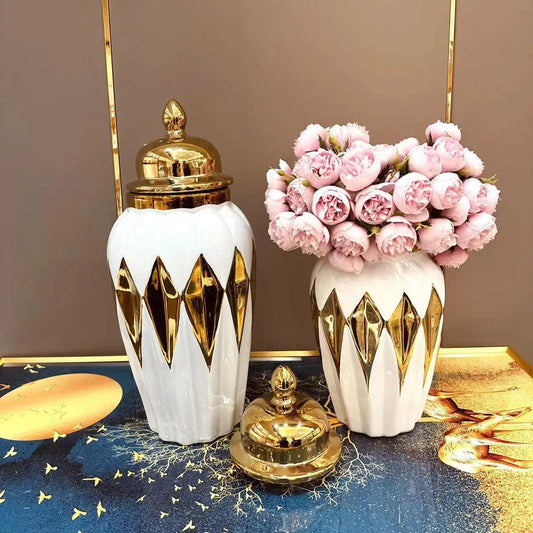 DecorBites™ Gold Diamond Check Ceramic Vase - Vintage Handicraft Decoration