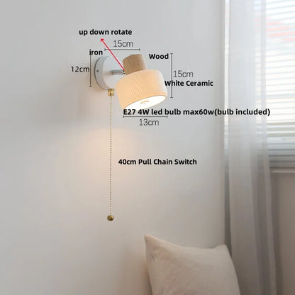 DecorBites™ Ceramic LED Wall Lights with Pull Chain Switch, Modern Wood Base Bedside Lamp
