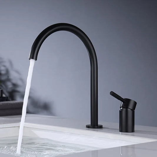 DecorBites™ Black Basin Faucet: Brushed Gold Two-Hole Bathroom Sink Tap with Rotating Spout