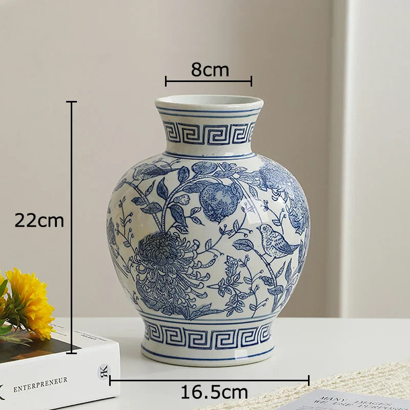 DecorBites™ Blue & White Porcelain Vase Pot for Stylish Room Aesthetic Decor & Flowers