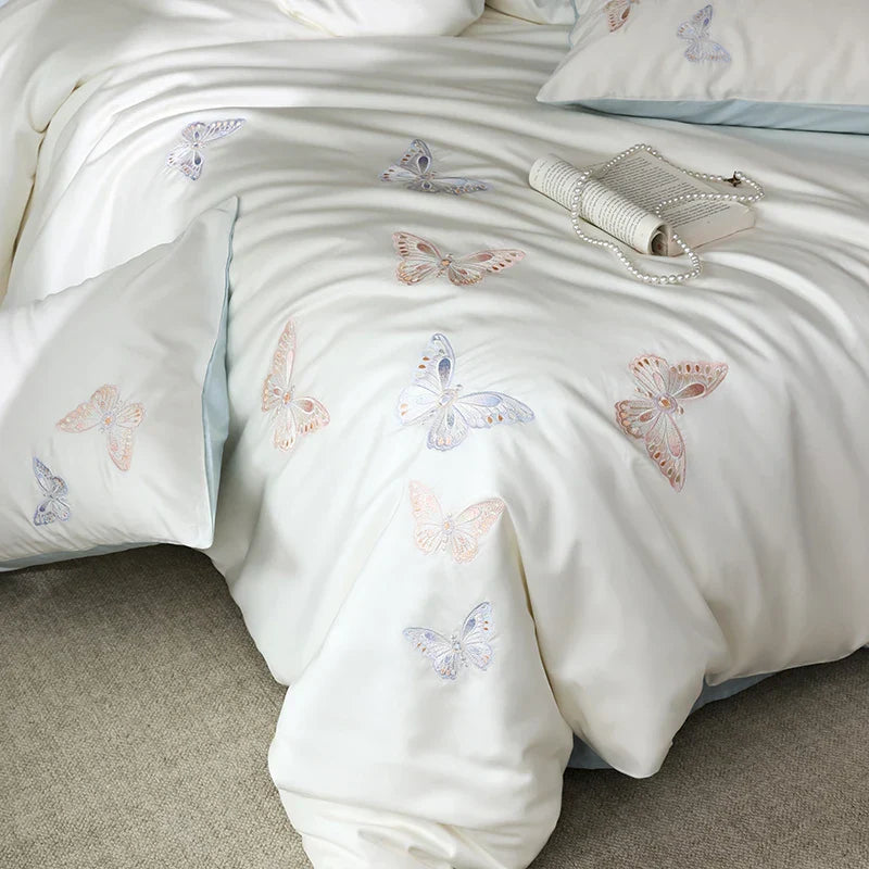 Decobites Butterfly Embroidery Lyocell Cotton Bedding Set, Silky Soft Cool Feeling Sheets