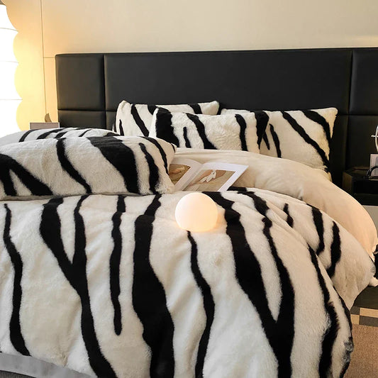 Decobites Winter Zebra Print Bedding Set: Thick Milk Velvet, Soft & Warm bed sheet, duvet cover, pillowcase