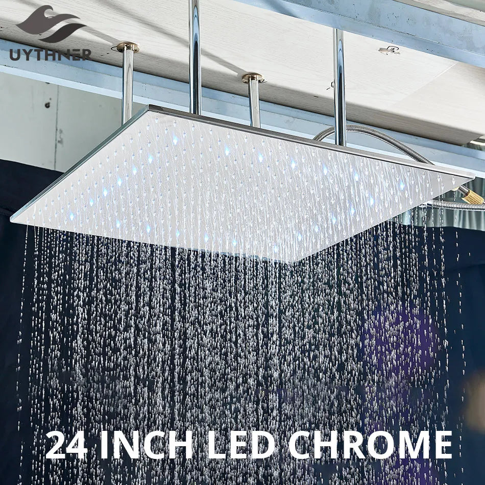 Cabezal de ducha tipo lluvia con luz LED cromada DecorBites™ de 24 pulgadas, montaje en techo, rociador superior y brazo.