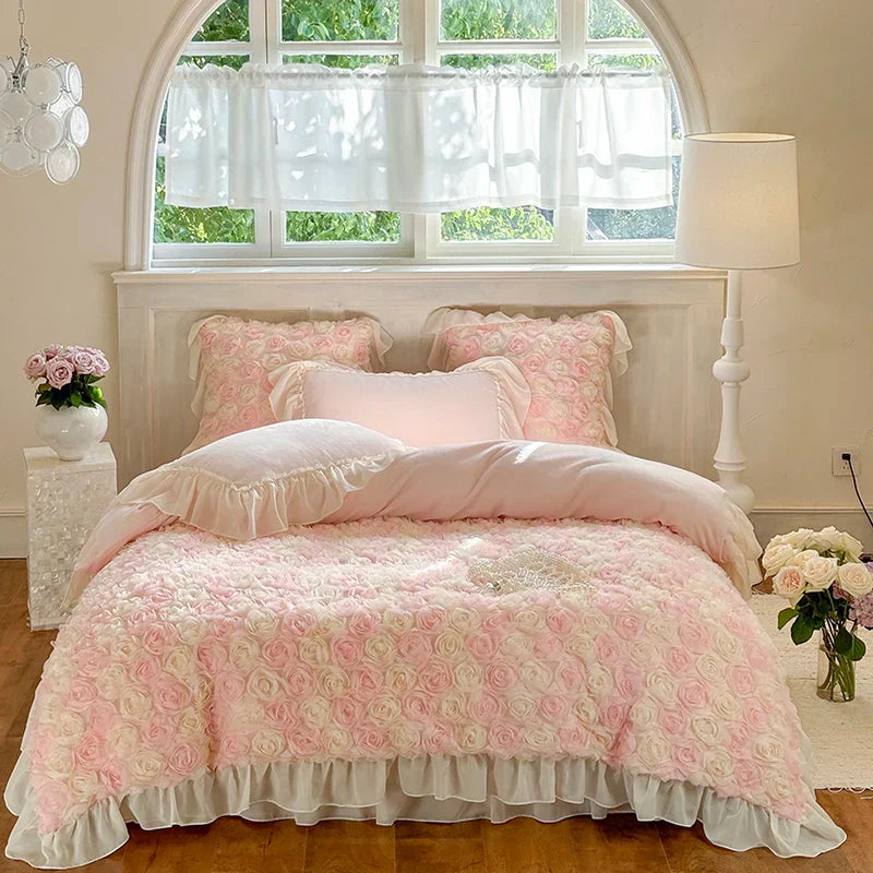 Decobites Luxe Rose Lace Ruffles Princess Bedding Set - 4Pcs