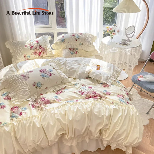 Decobites Rose Print Cotton Bedding Set with Pleated Ruffles and French-Inspired Design