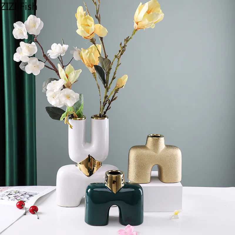 Jarrón Cerámico de Geometría Dorada Decorbites™ Decoración de Escritorio para Habitación con Estilo Moderno y Floral