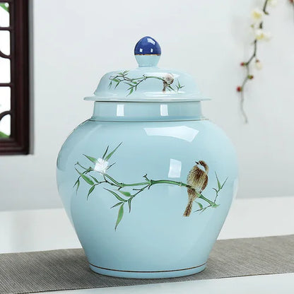 DecorBites™ Hand Painted Blue and White Ceramic Tea Canister Jar