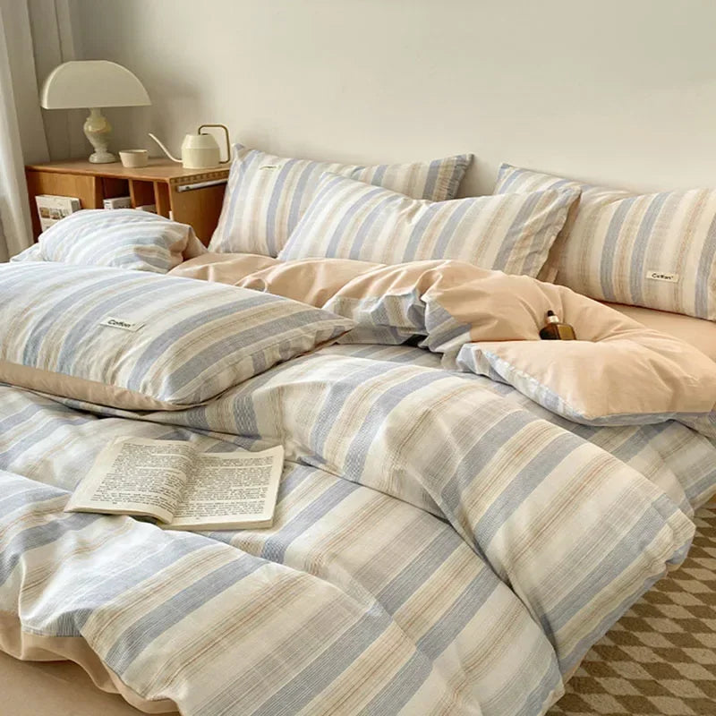 DecorBites™ Grid Printed Cotton Fitted Sheet Set - Double-Sided Mix Color Quilt Cover