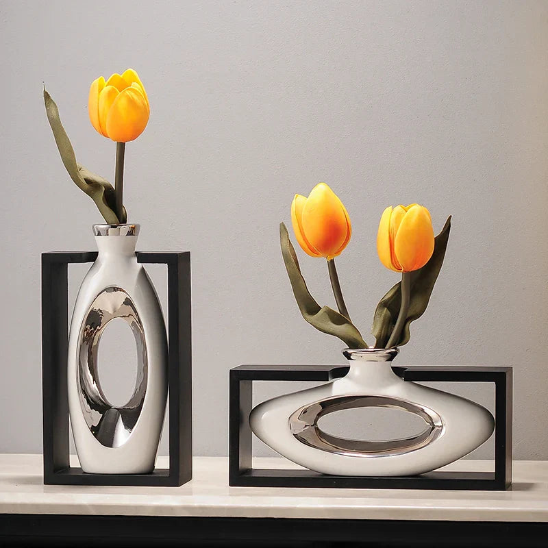 DecorBites™ Elegant Square Ceramic Vase with Artificial Flowers for Desk Decoration