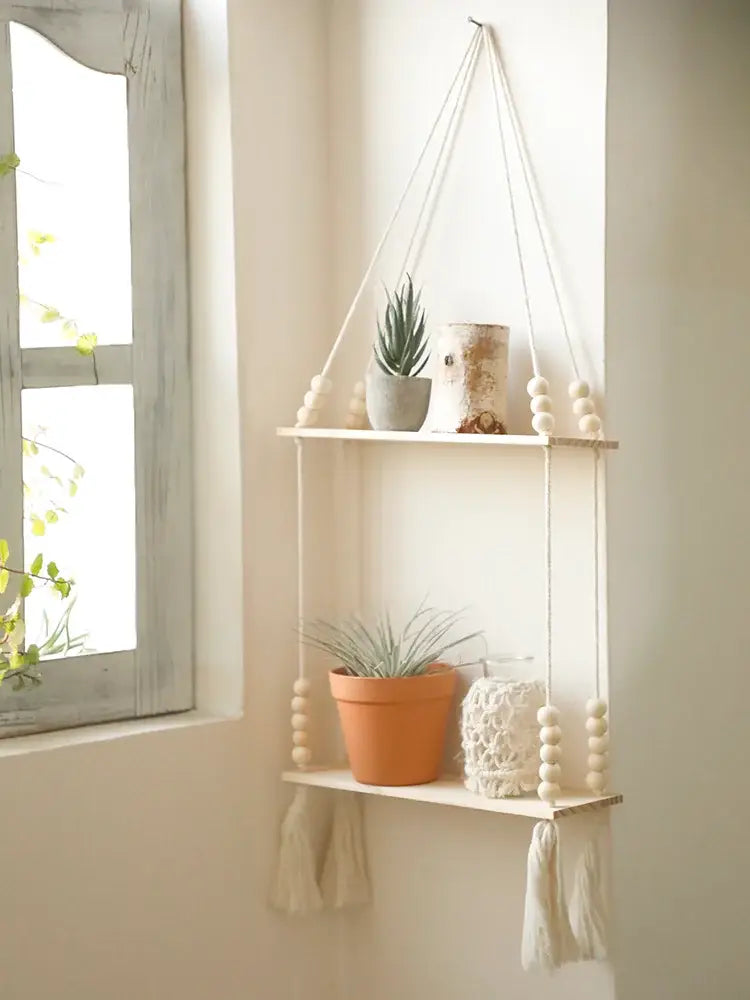 DecorBites™ Rustic Wooden Wall Shelf with Hanging Plant Storage