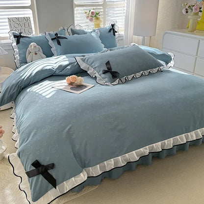 DecorBites™ Lace Bow Bed Skirt Bedding Set in Romantic Solid Color for King Queen Double Sizes