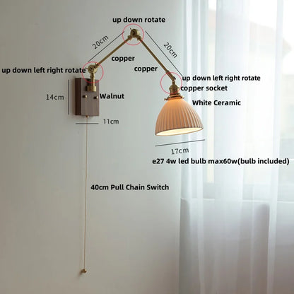 DecorBites™ Ceramic Ball Brass Walnut Wood Wall Light with Pull Chain Switch