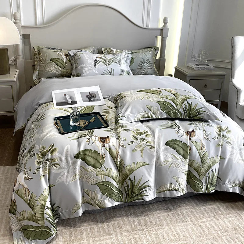 DecorBites™ Ice Silk Plant Printed Bedding Set - Fashionable & Cool Comforter for Naked Sleep