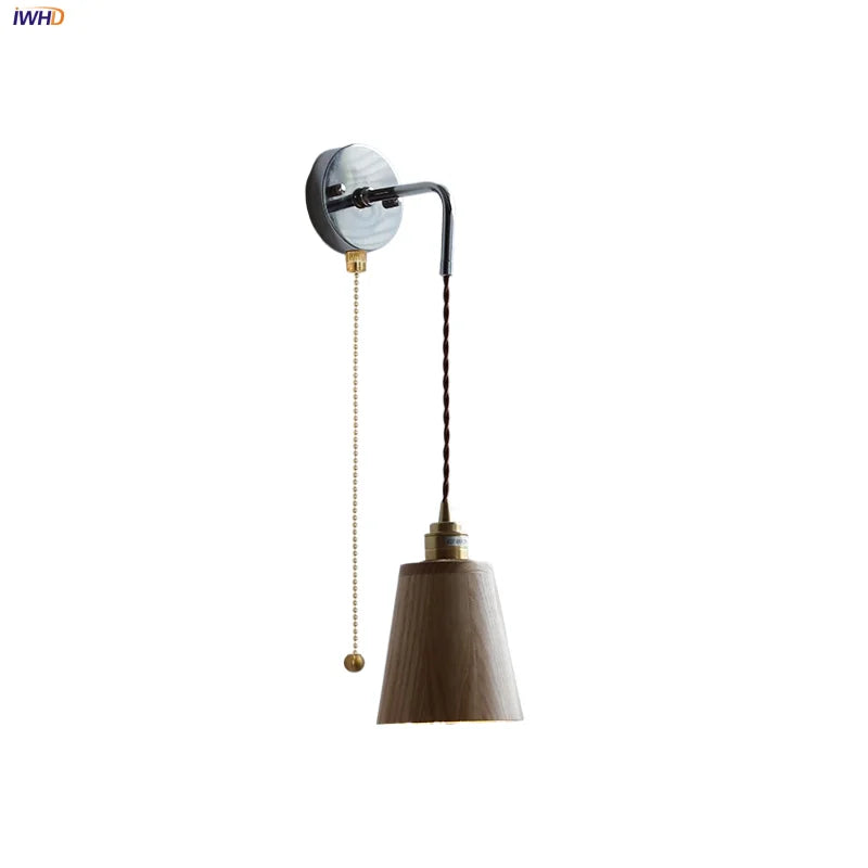 DecorBites™ Ash Wood LED Wall Light with Pull Chain Switch – Japanese Style Bedside Lamp