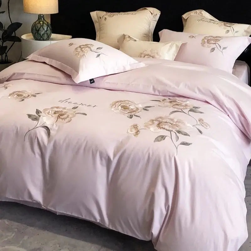 Decobites Flowers Embroidery Cotton Bedding Set Duvet Cover Flat Sheet Pillowcases 4Pcs