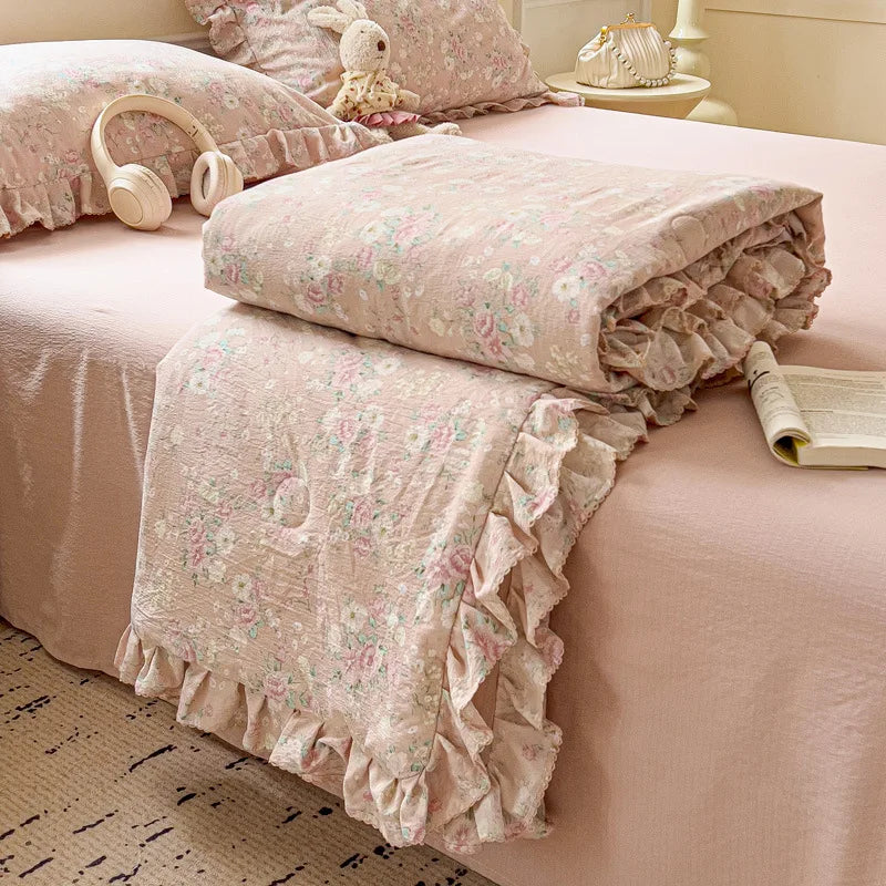 DecorBites™ Korean Cotton Patchwork Quilt with Lace and Ruffle for Summer