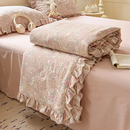 DecorBites™ Korean Cotton Patchwork Quilt with Lace and Ruffle for Summer