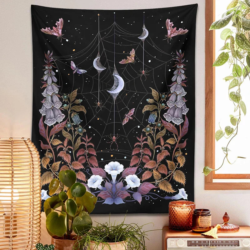 Decobites Witch Garden Tapestry Wall Hanging Moon Moth Tarot Psychedelic Decor