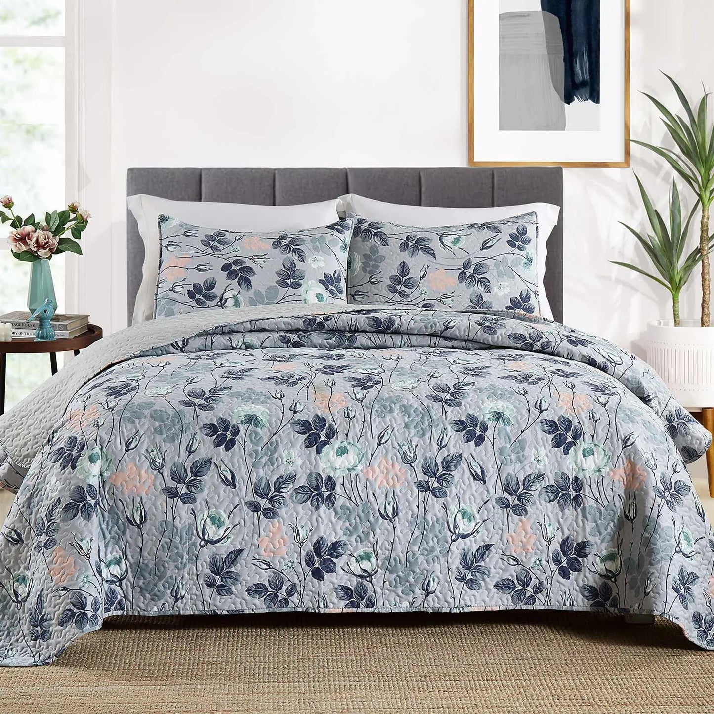 DecorBites™ Gray Patchwork Floral Coverlet Bedding Set, Ultra Soft All Season Bedspreads