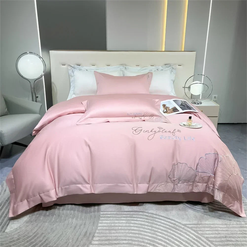 DecorBites™ 1200TC Embroidery Egyptian Cotton Bedding Set 4pcs King Queen Solid Sheet Duvet Cover