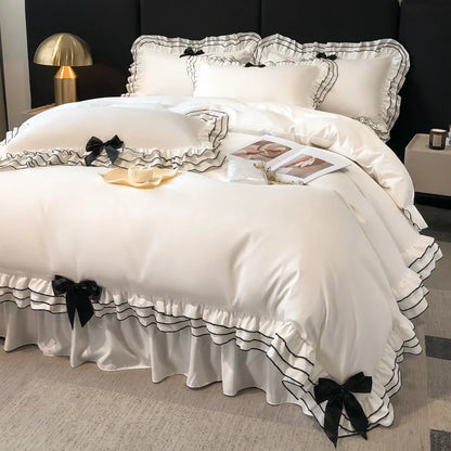 Decobites Korean Lace Ruffles Bedding Set with Black Bow Accent